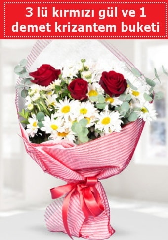 3 adet kırmızı gül ve krizantem buketi  Artvin çiçek gönderme sitemiz güvenlidir 